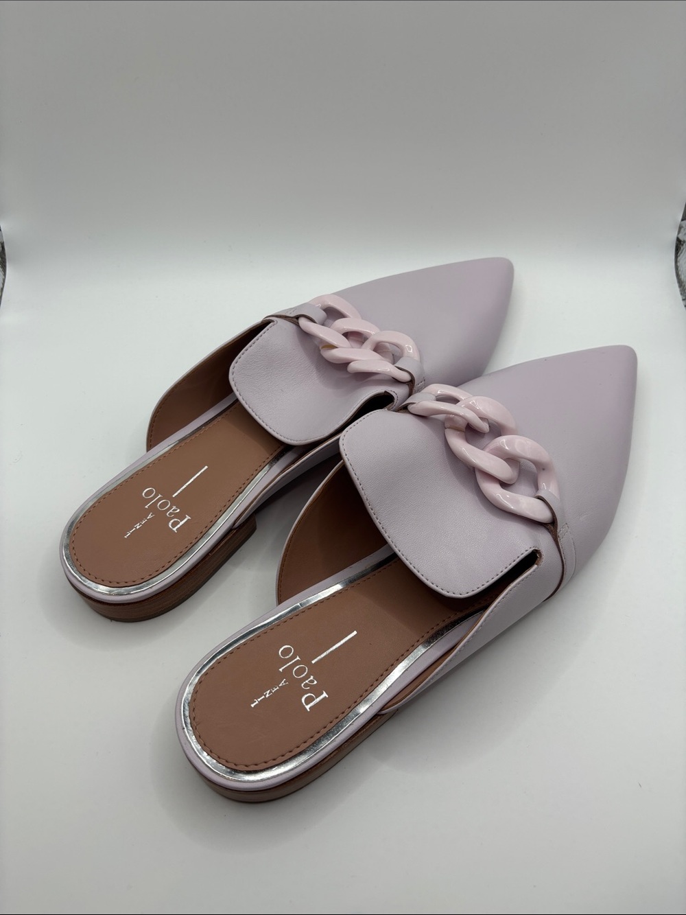 Paolo Lilac Pointed-Toe Mules with Chain Detail